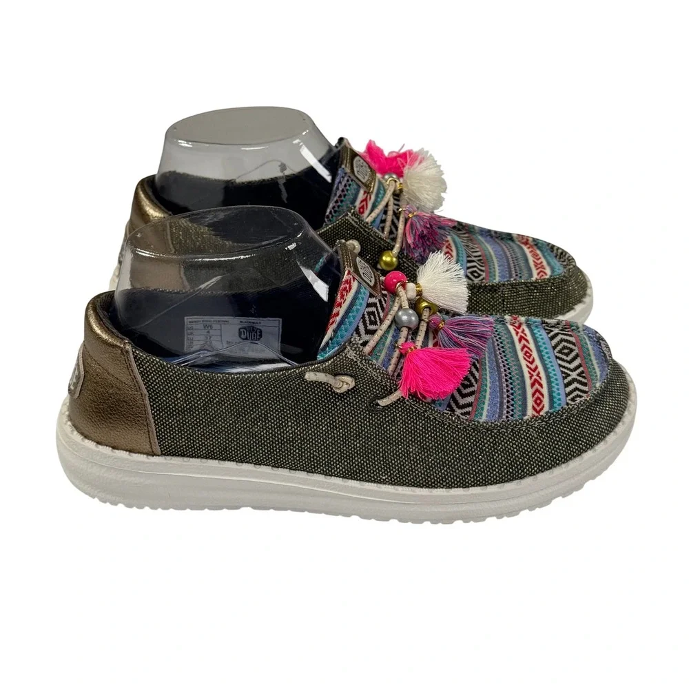 NEW Hey Dude Wendy Boho Festival Shoes Womens 6 Black Multi Tribal Print Tassel
